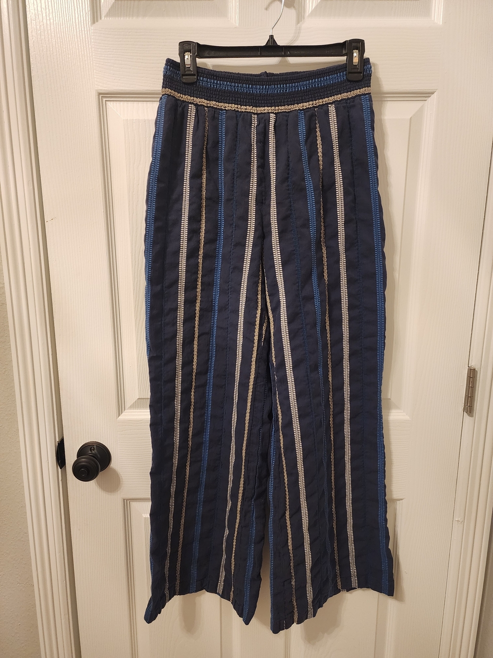 Michael Stars Navy and Cream Embroidered Striped Wide-Leg Pants